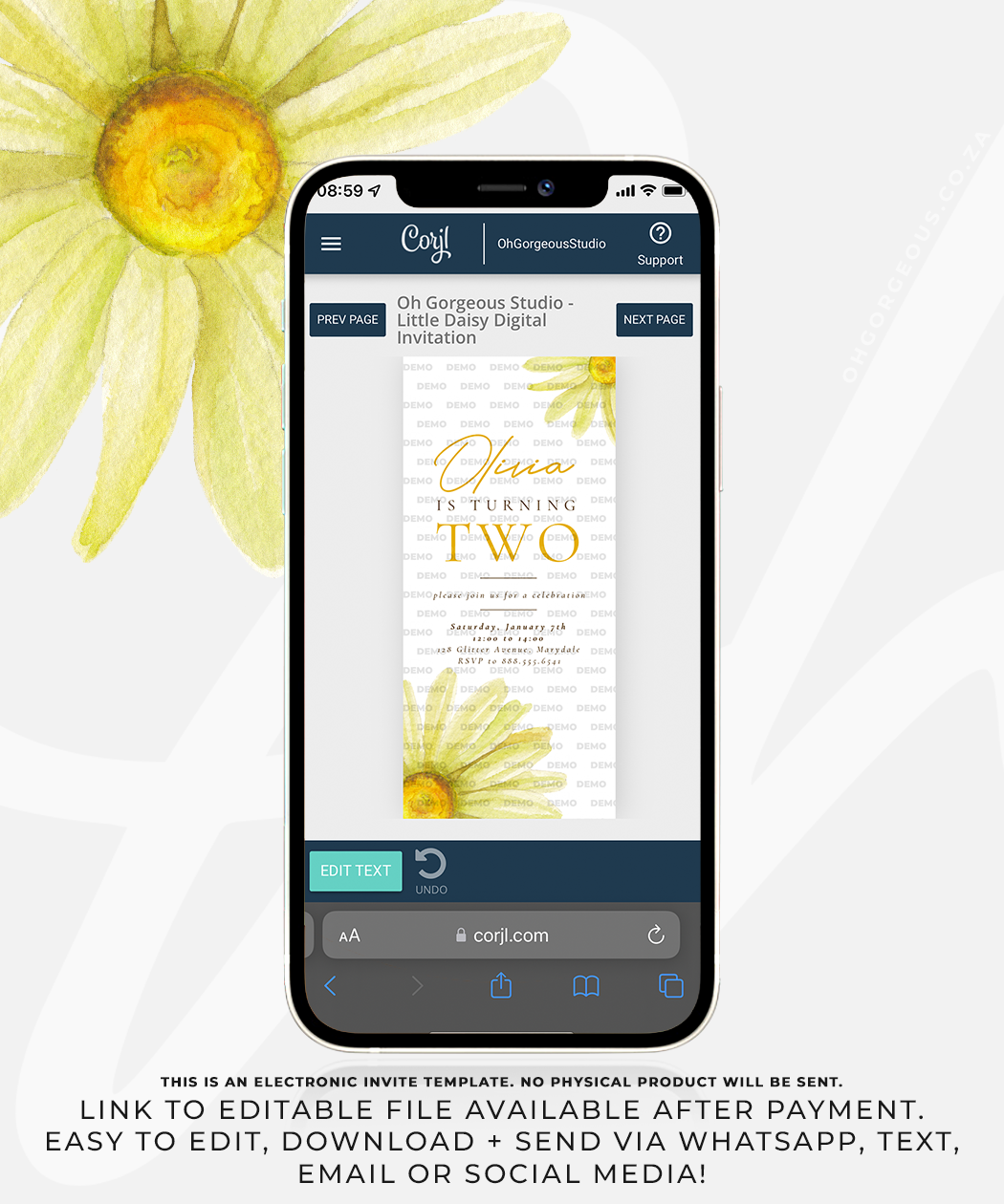 Oh Gorgeous Little Daisy Digital Invitation Edit Preview